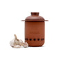 Brown ceramic garlic storage jar with 'GARLIC' text and garlic cloves on a white background