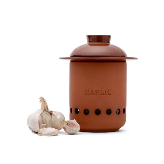 Brown ceramic garlic storage jar with 'GARLIC' text and garlic cloves on a white background