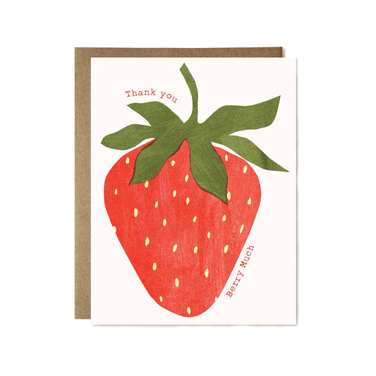 Card with a strawberry illustration and 'Thank you berry much' text on a white background