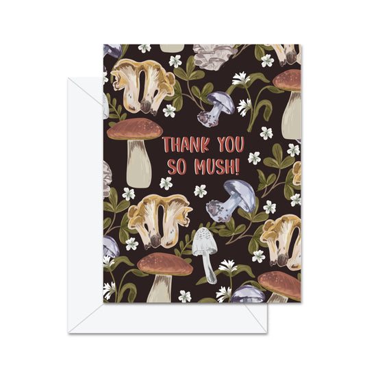 Greeting card with mushroom illustrations and 'Thank you so mush!' text on a brown background.