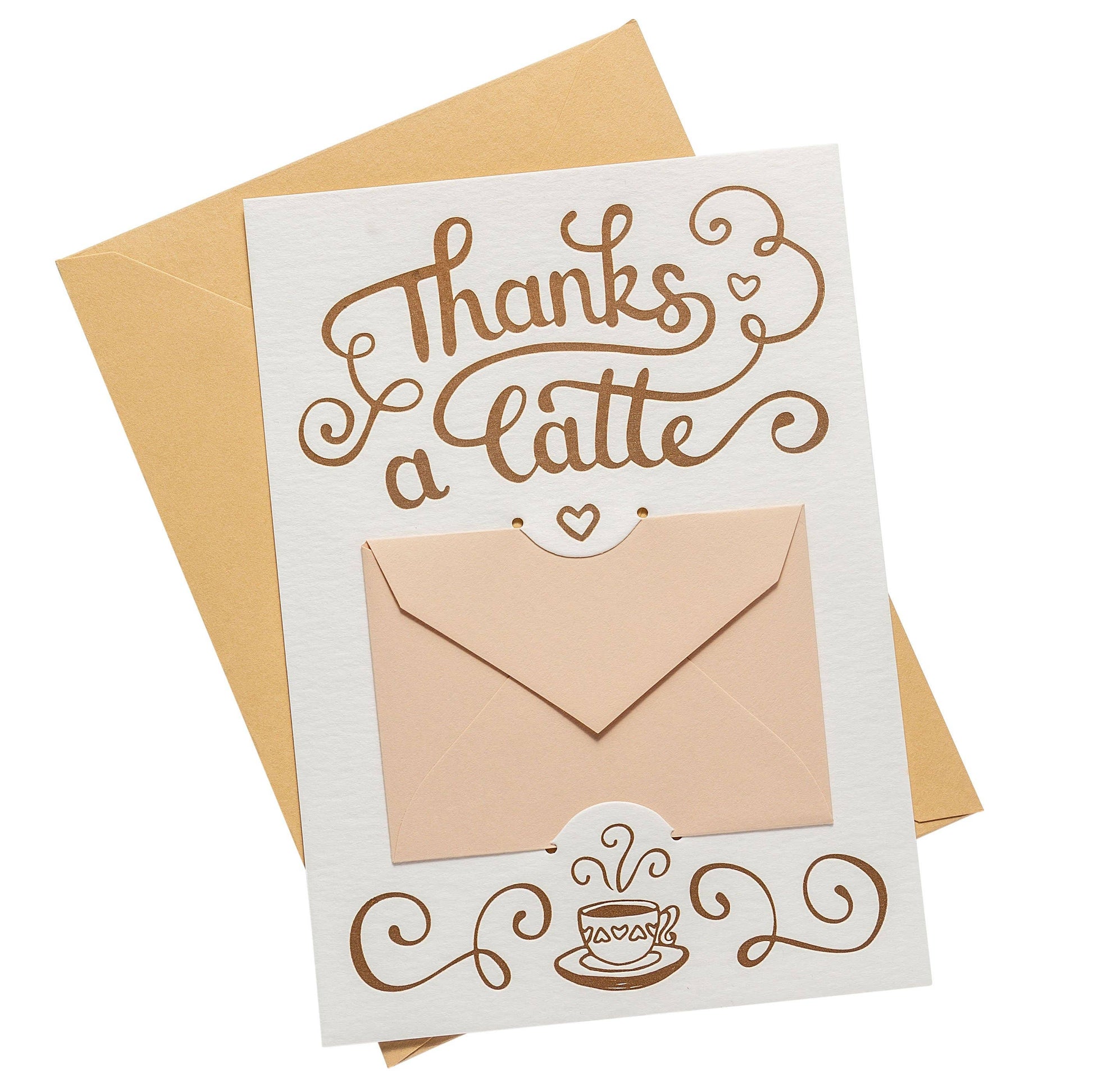 Card with 'Thanks a Latte' text and envelope design on a white background