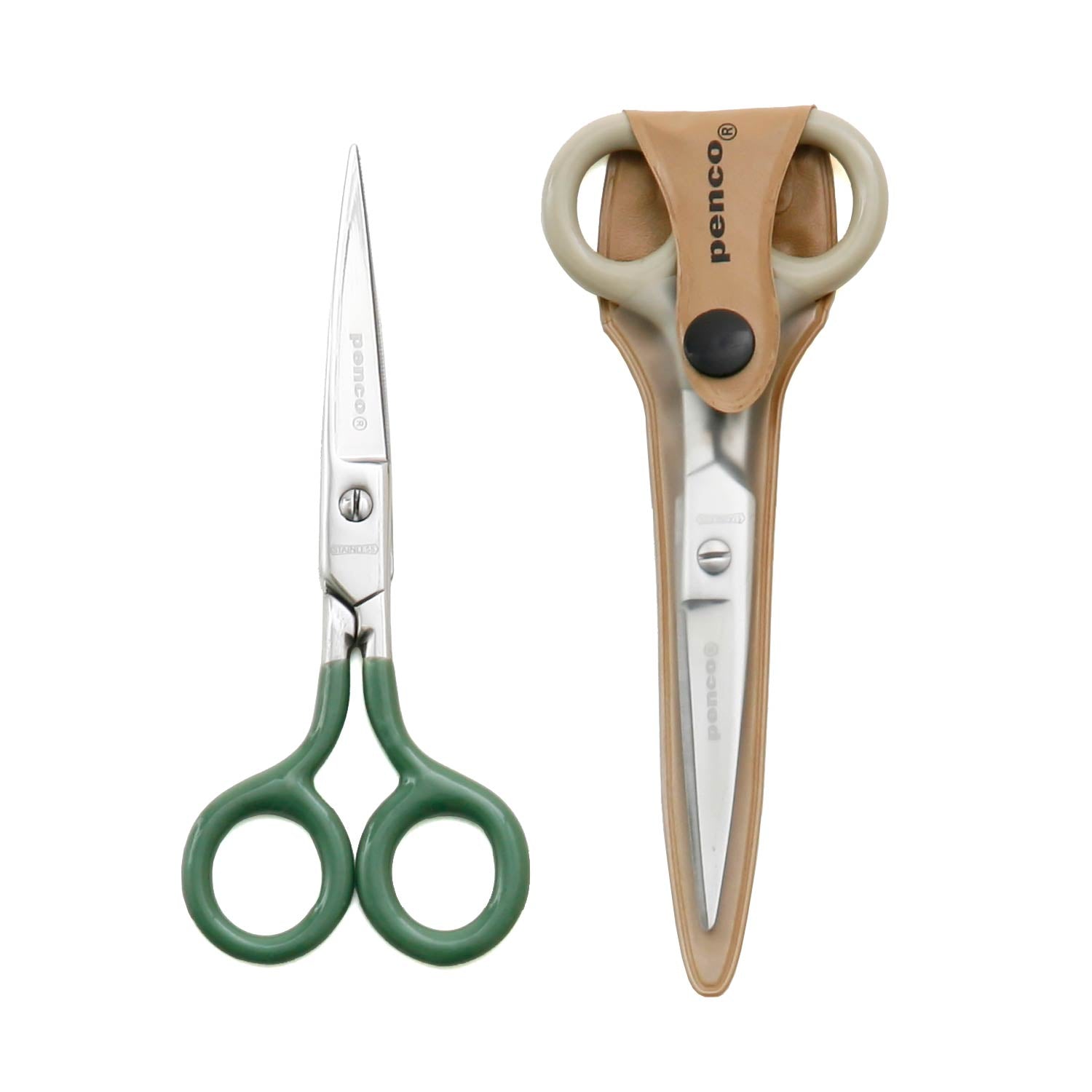 Photo of two scissors, one with protective plastic cover and one without.