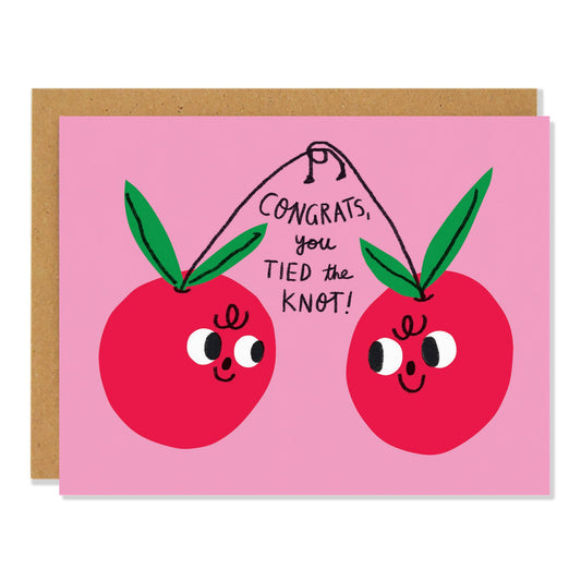 Wedding card with two cherries on it, whose stems are tied together. Text reads "Congrats, you tied the knot!" 