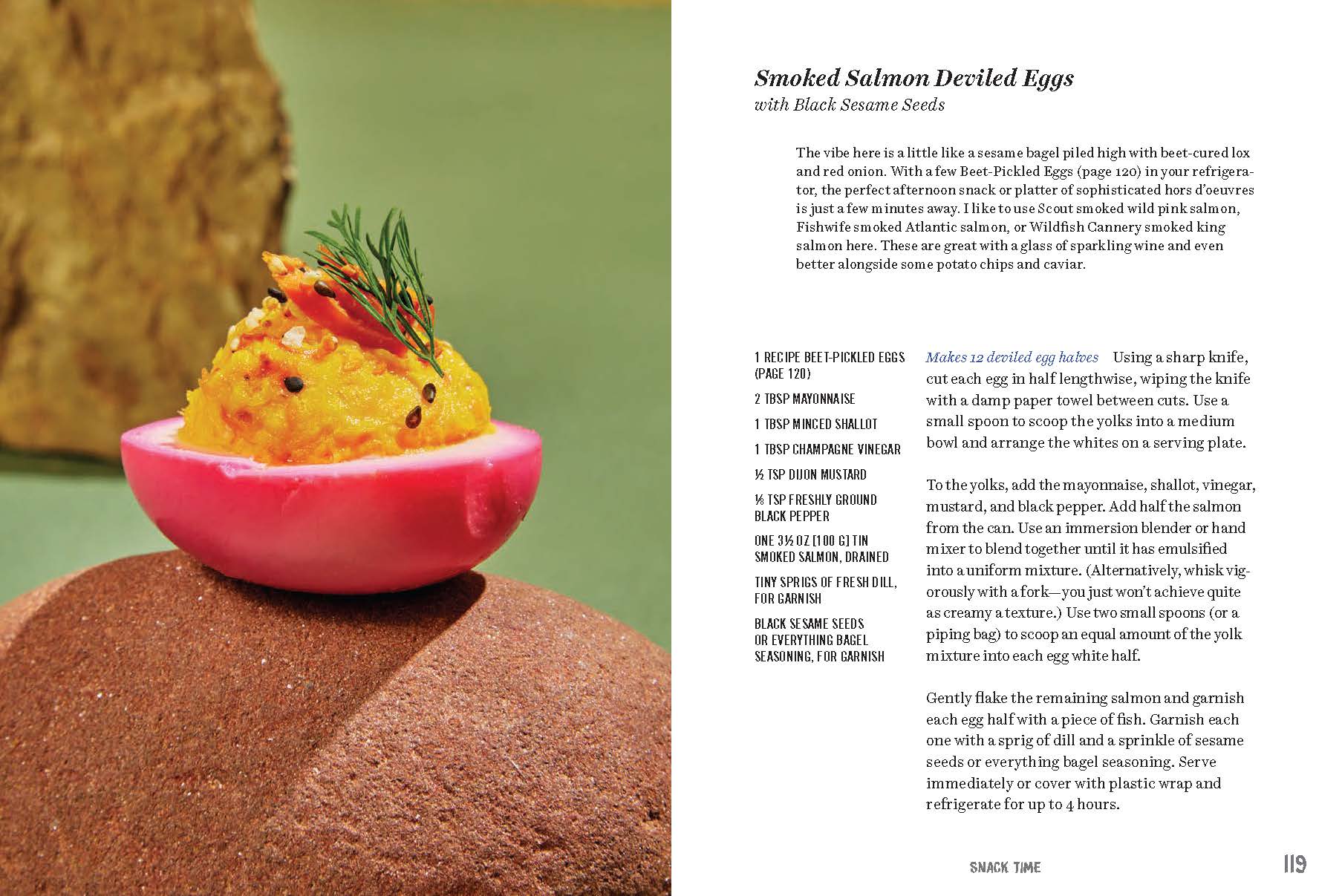Smoked Salmon Deviled Eggs with Black Sesame Seeds on a pink serving dish, accompanied by a recipe on the right.