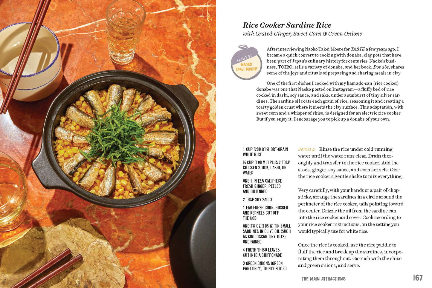 Rice cooker sardine rice dish on a table with a recipe for it on the right side.