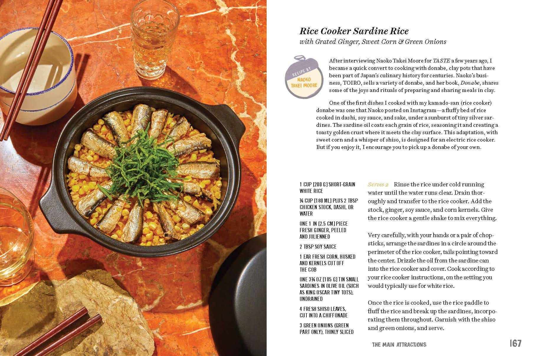 Rice cooker sardine rice dish on a table with a recipe for it on the right side.