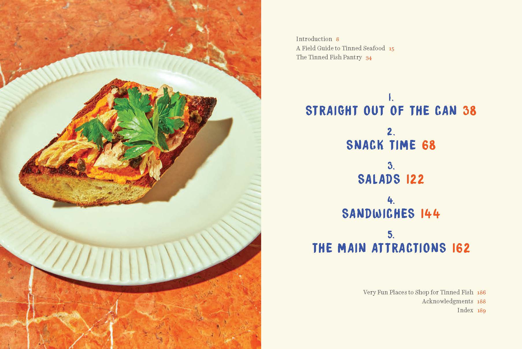 Slice of bread with tinned fish on a white plate with a book page showing chapter titles on an orange background