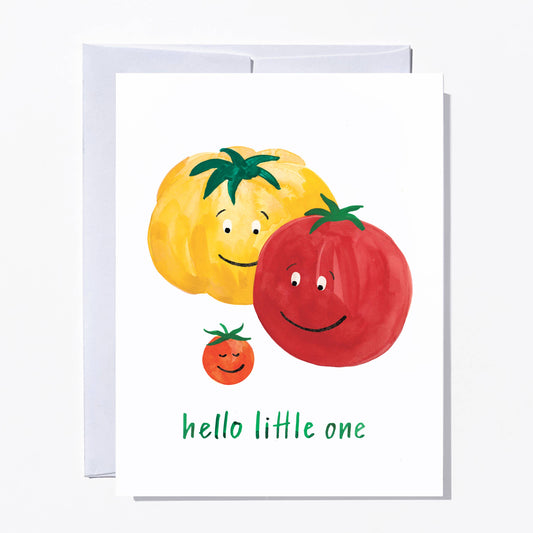 Greeting card with cartoon-style yellow and red tomatoes and a baby cherry tomato on a white background