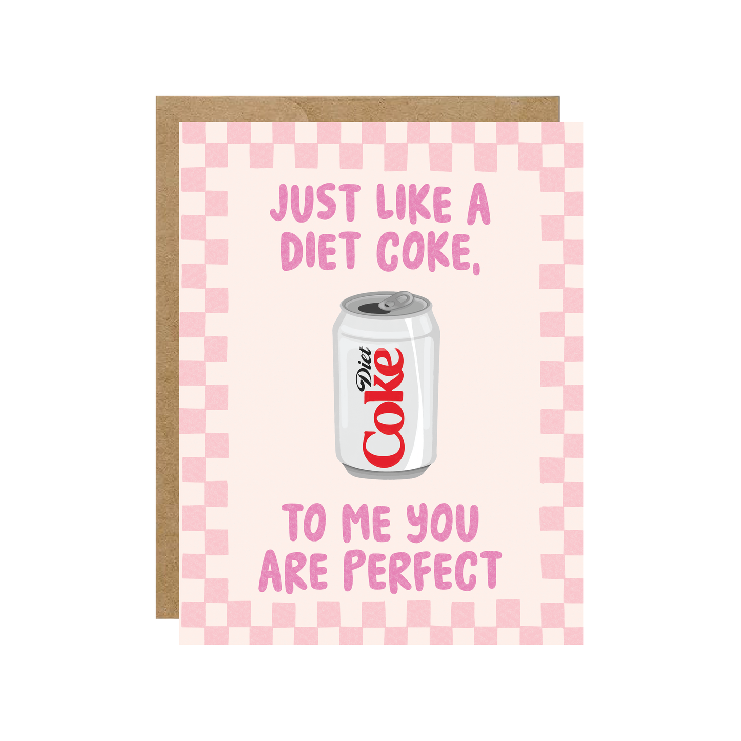 Greeting card with Diet Coke can and text on a pink checkered background