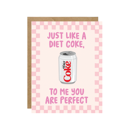 Greeting card with Diet Coke can and text on a pink checkered background