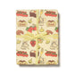 Gift box with food-themed wrapping paper featuring illustrations of tomatoes, bread, and chefs.