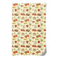Patterned paper with illustrations of food items and kitchen tools on a beige background