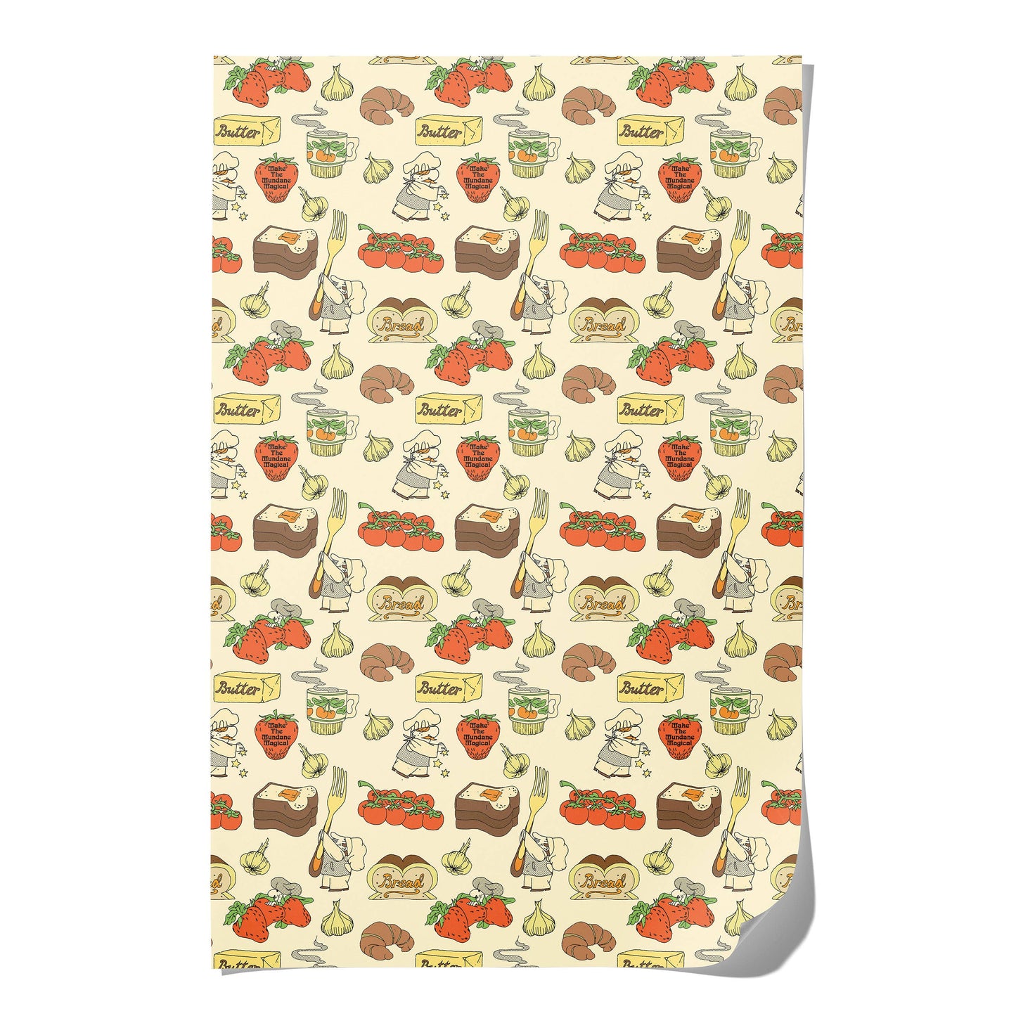 Patterned paper with illustrations of food items and kitchen tools on a beige background
