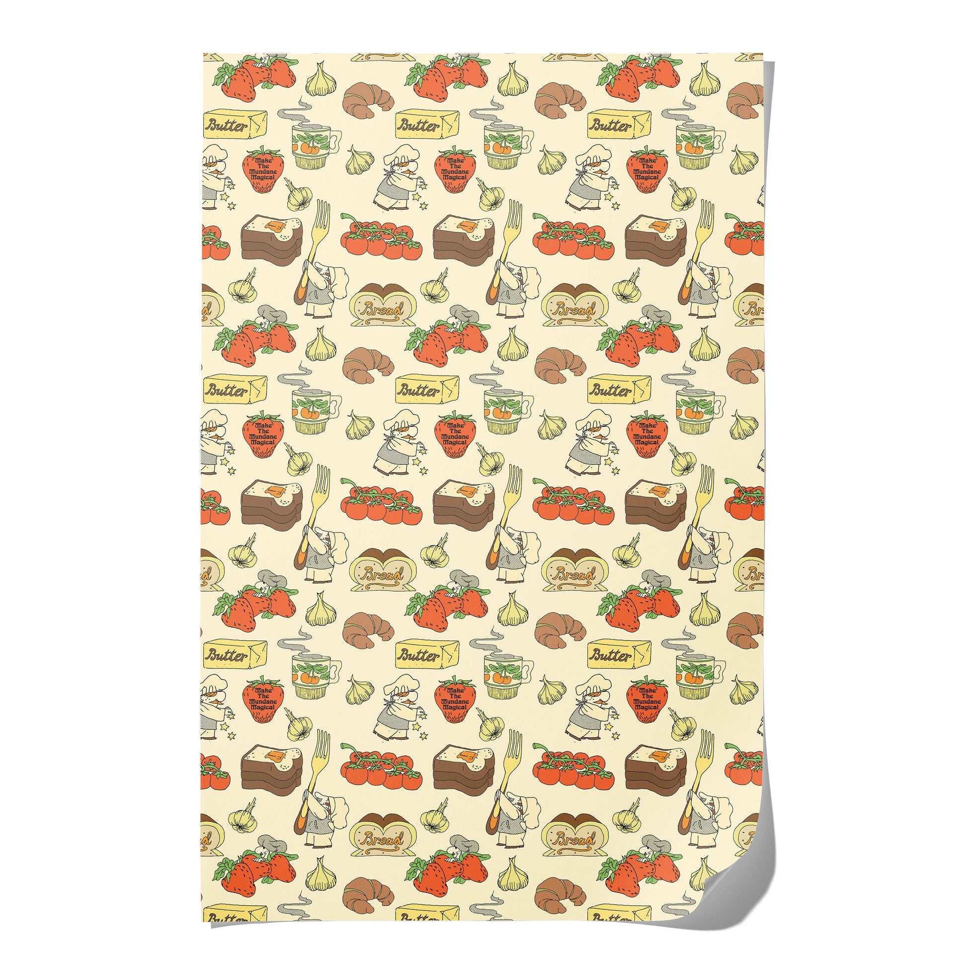 Patterned paper with illustrations of food items and kitchen tools on a beige background