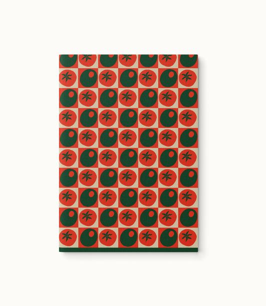 This weekly planner's cover has a design of alternating pomodoro tomatoes and green olives in checkered pattern