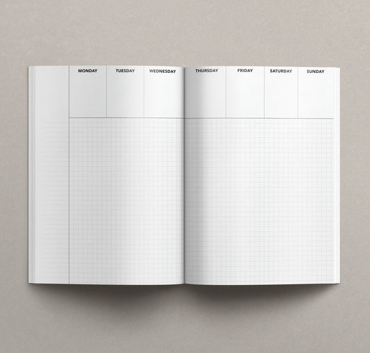 inside pages of weekly planner. Days of the week listed up top with boxes both horizontal and vertical boxes below for organization 