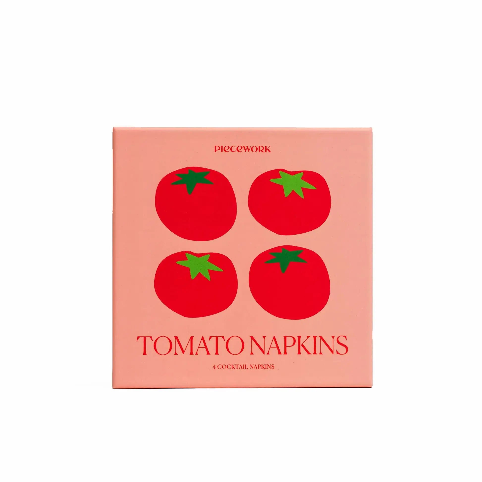Packaging of tomato-themed napkins with red tomatoes and green leaves on a pink background.