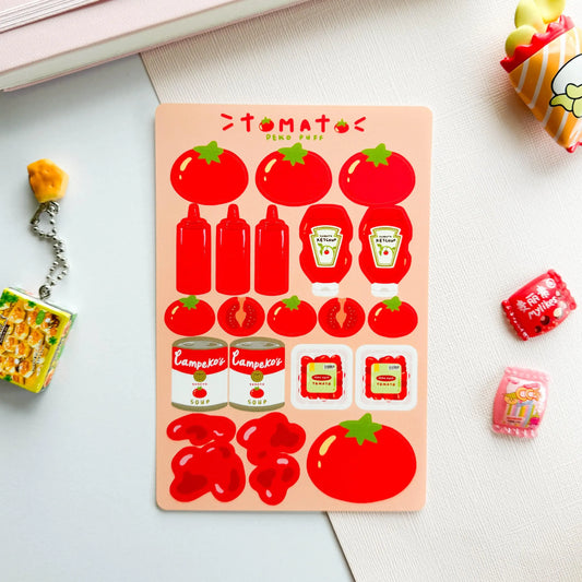 Tomato-themed sticker sheet on a light surface.