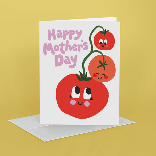 Mother's Day card with cartoon tomatoes on a yellow background