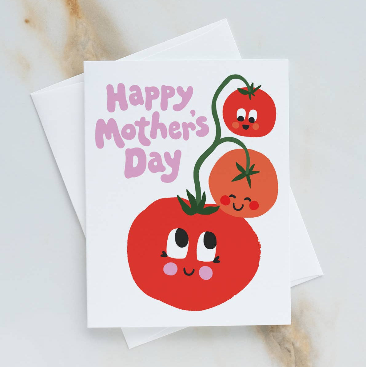 Card with cartoon tomatoes and 'Happy Mother's Day' text on a white background
