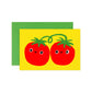 Two cartoon tomatoes on a yellow card with a green envelope.