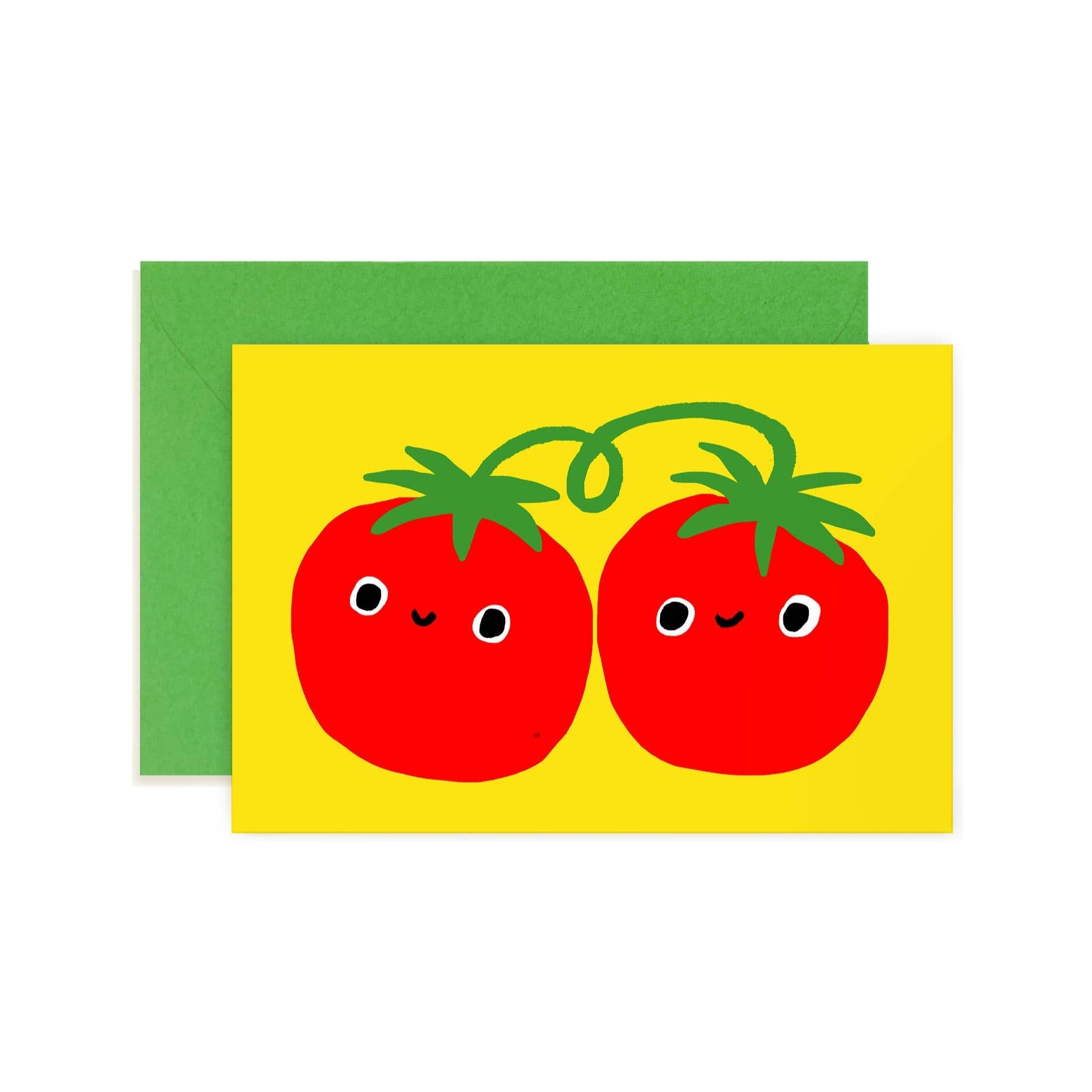 Two cartoon tomatoes on a yellow card with a green envelope.