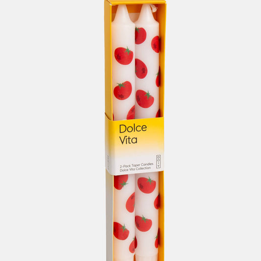 Pack of taper candles with red tomato design in a 'Dolce Vita' box on a white background