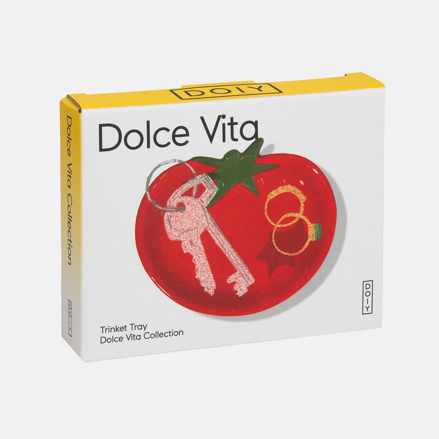 Dolce Vita trinket tray packaging with tomato design on a white background