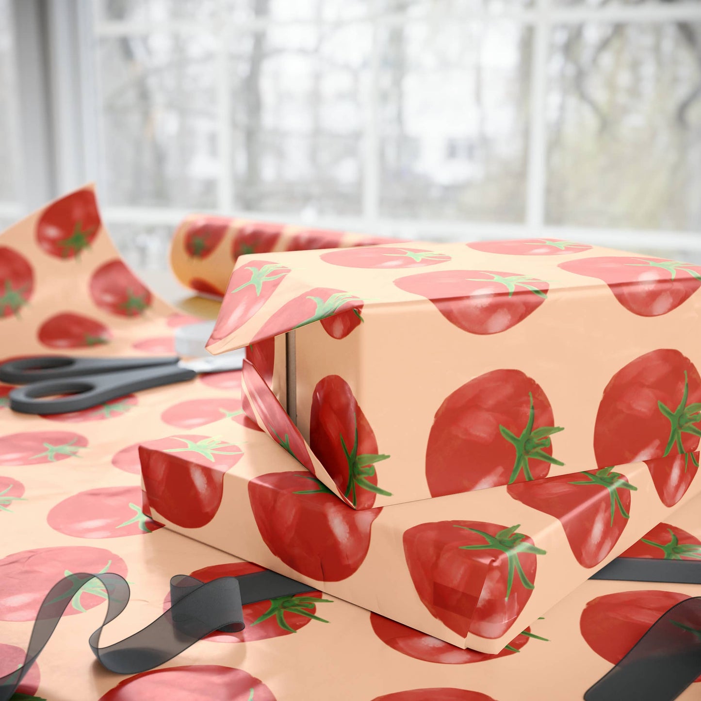 Box wrapped in tomato-patterned paper with scissors on a light background