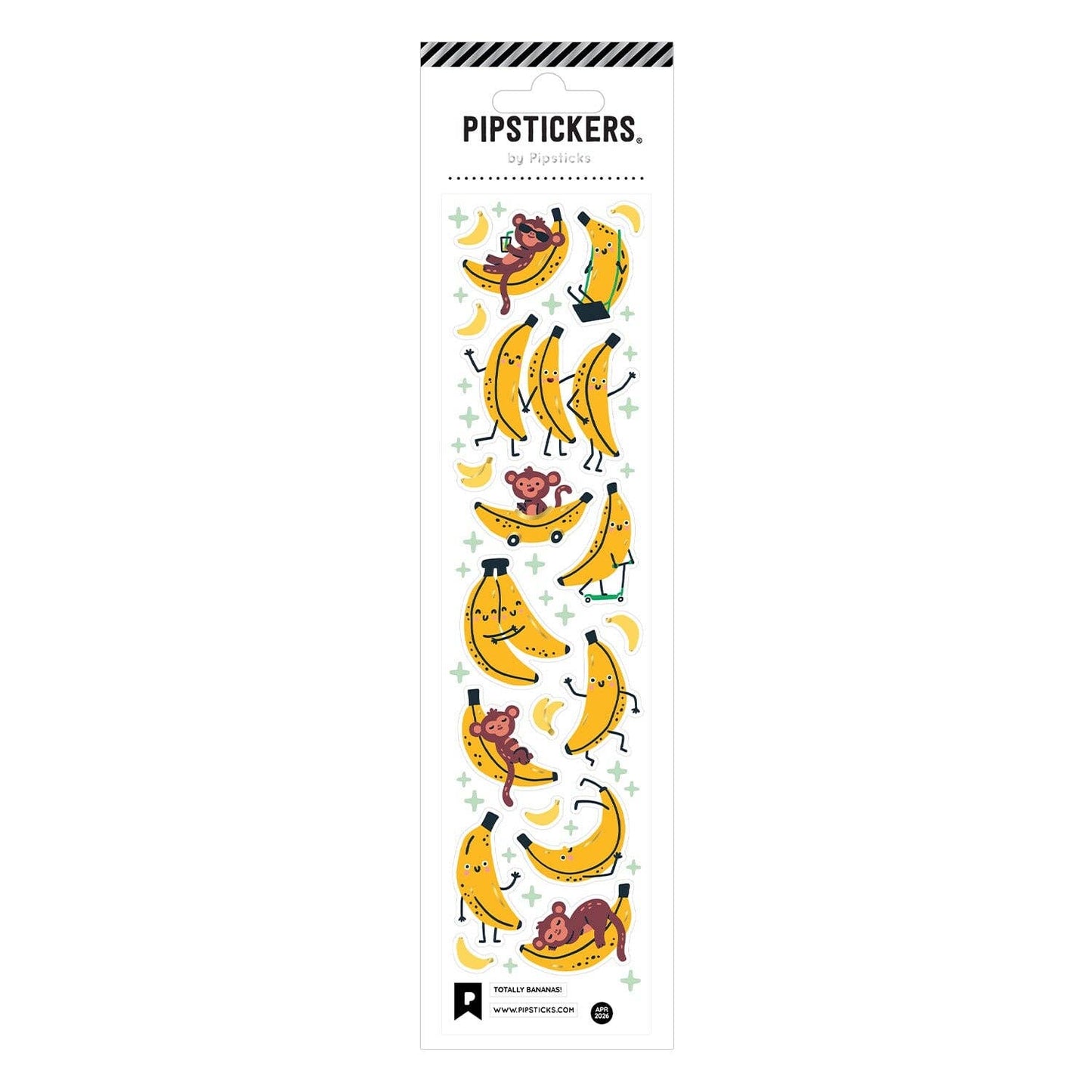 Packaging of PipStickers with cartoon bananas and monkey sticker designs on a white background