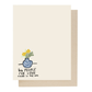 Back of card with a blue vase and flowers illustration and branded text on a white background