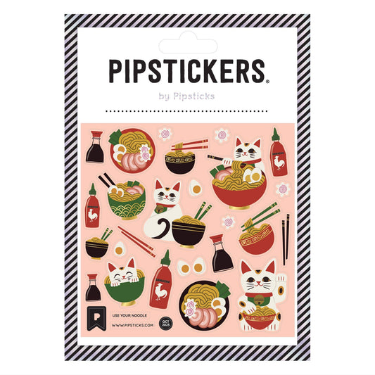 Packaging of Pipsticks stickers with cartoon cats and ramen bowls on a pink background