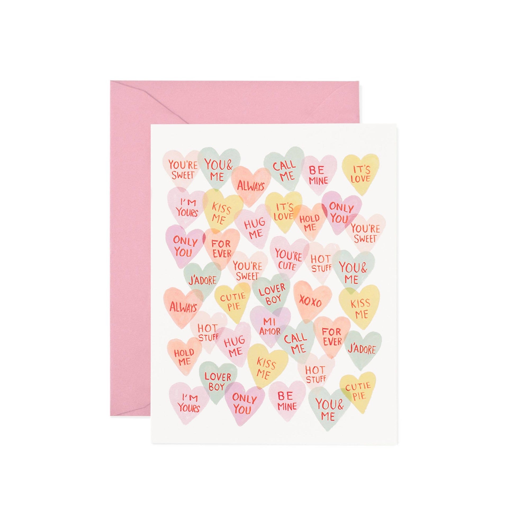Greeting card with heart-shaped conversation candies on a white background
