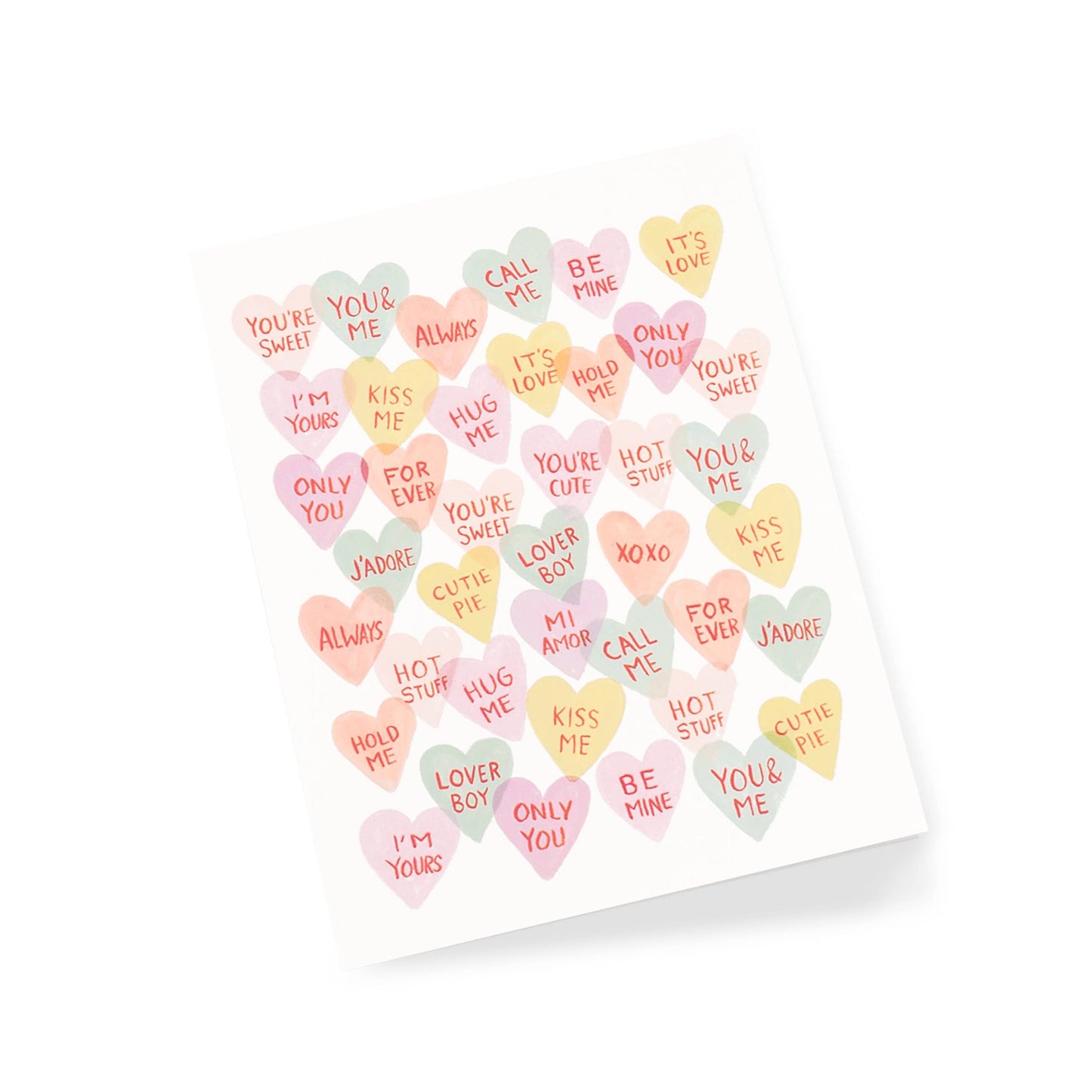 Greeting card with heart-shaped candy design on a white background