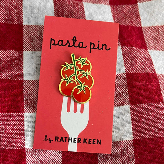 Pasta pin by Rather Keen on a red and white checkered background