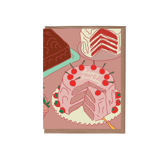 Greeting card with 3 birthday cake illustrations. Scratch and sniff card with a strawberry scent 