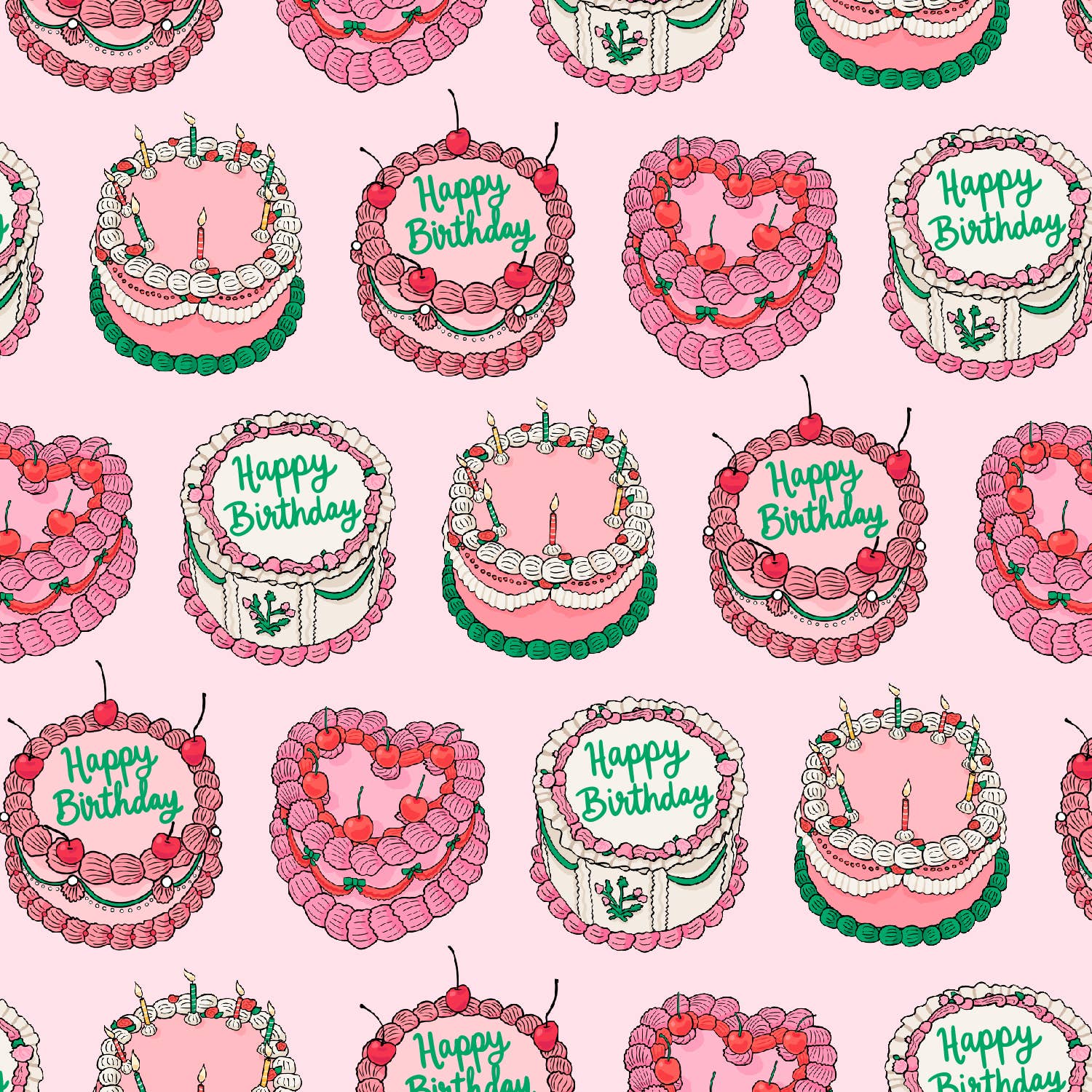roll of wrapping paper with a continous pattern of birthday cakes decorated in a vintage style. Color theme are pinks, reds, whites and greens 