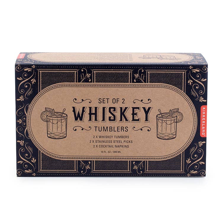 Box of Set of 2 Whiskey Tumblers with decorative design on a white background