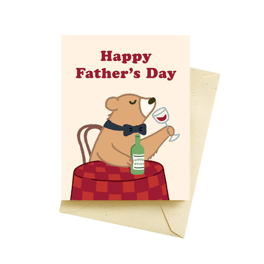 father's day card that reads "Happy Father's Day" and has a bear wearing a bowtie drinking a glass of red wine