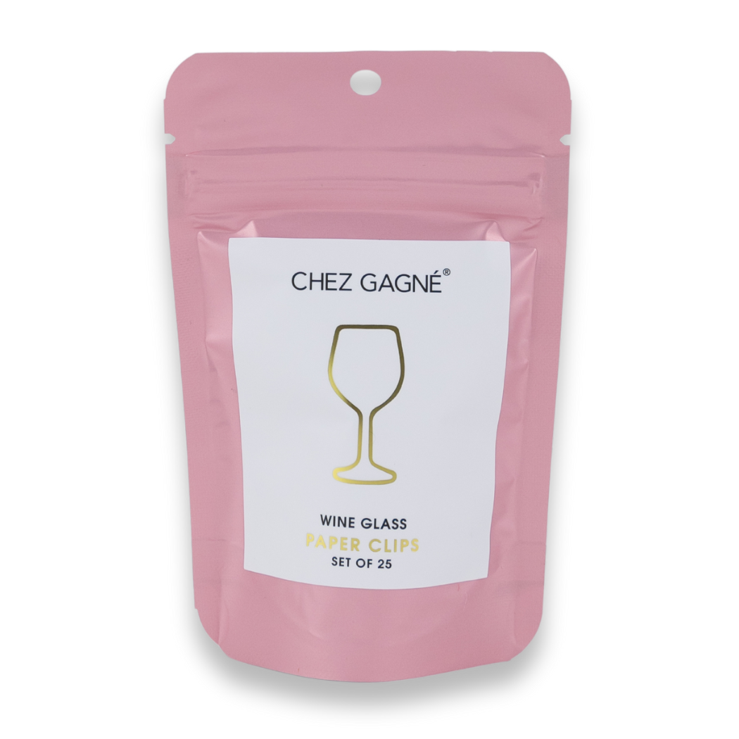 Pink packaging of Chez Gagne wine glass shaped paper clips with a white label.