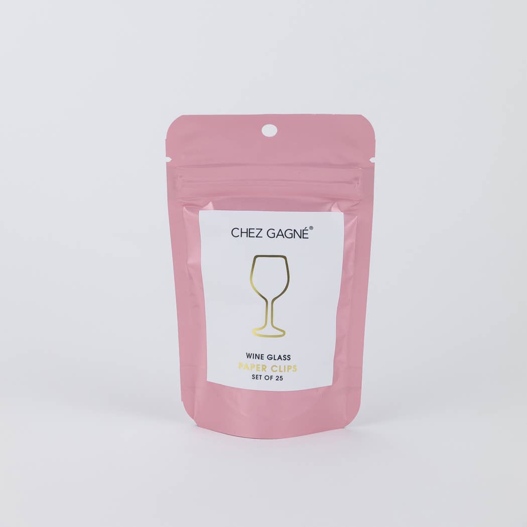 Pink package of Chez Gagne wine glass shaped paper clips on a white background