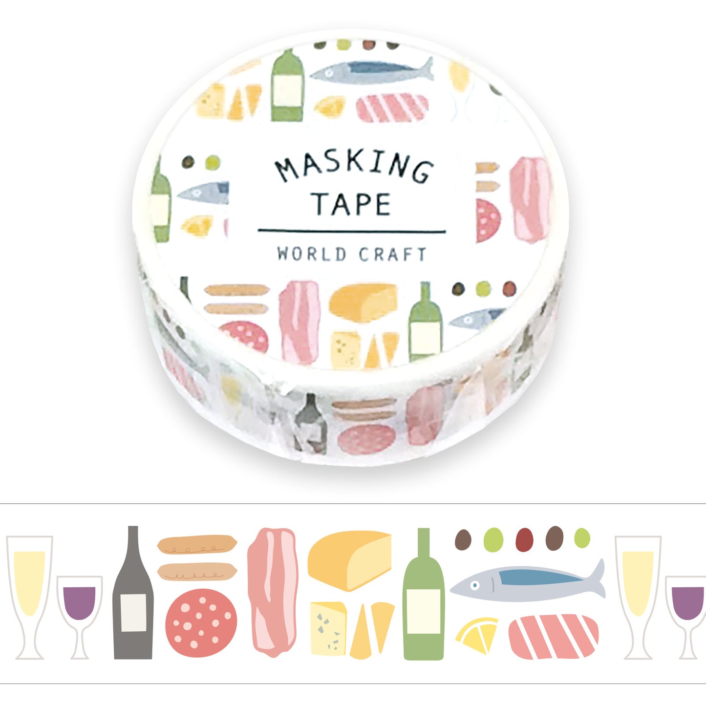 Round roll of washi tape with food and wine-themed design on a white background