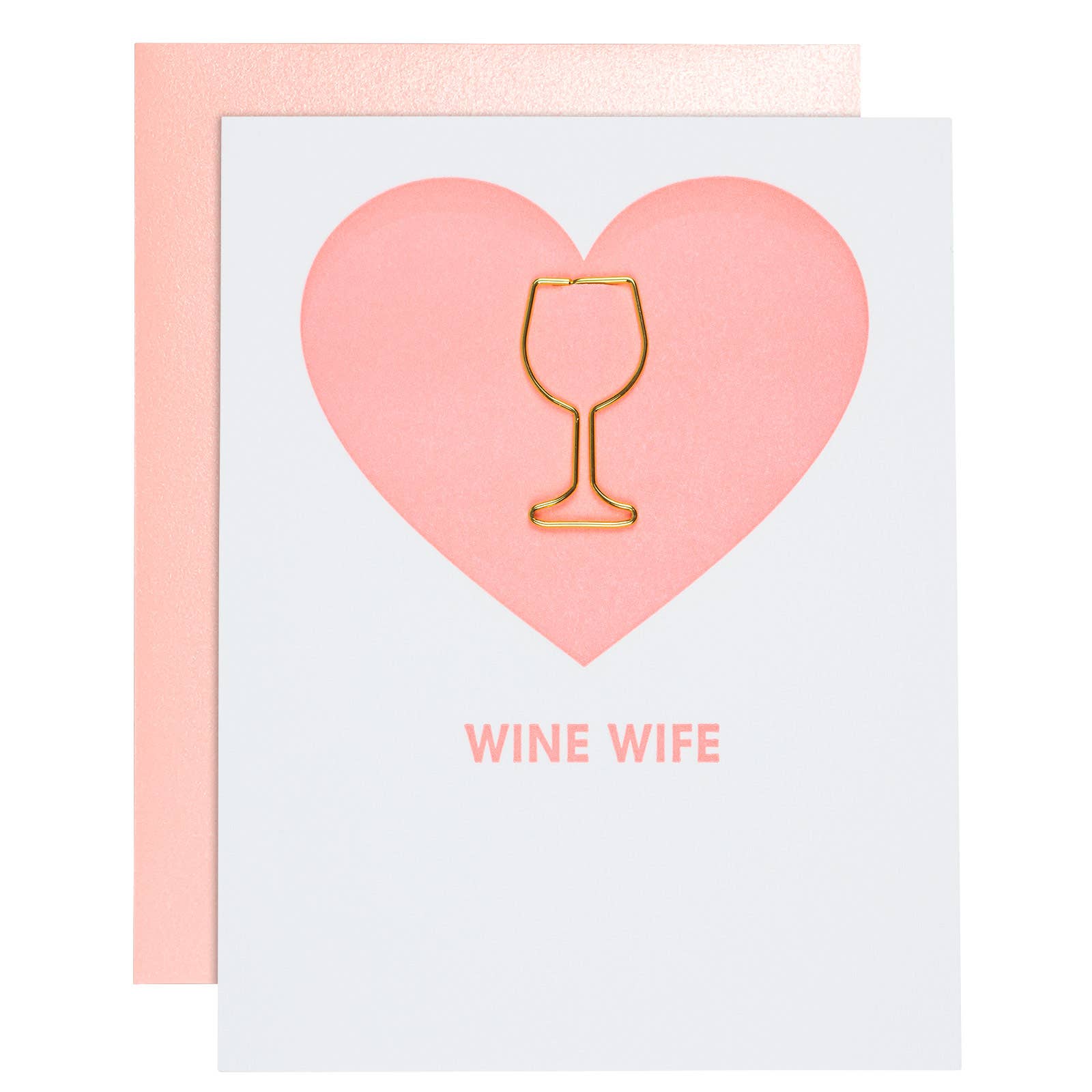 Card with pink heart and gold wine glass paper clip on a light blue background, with 'Wine Wife' text.