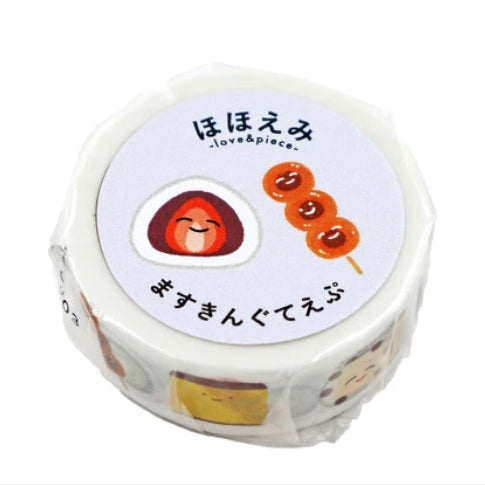 Roll of decorative tape with cartoon character japanese sweets design on a white background