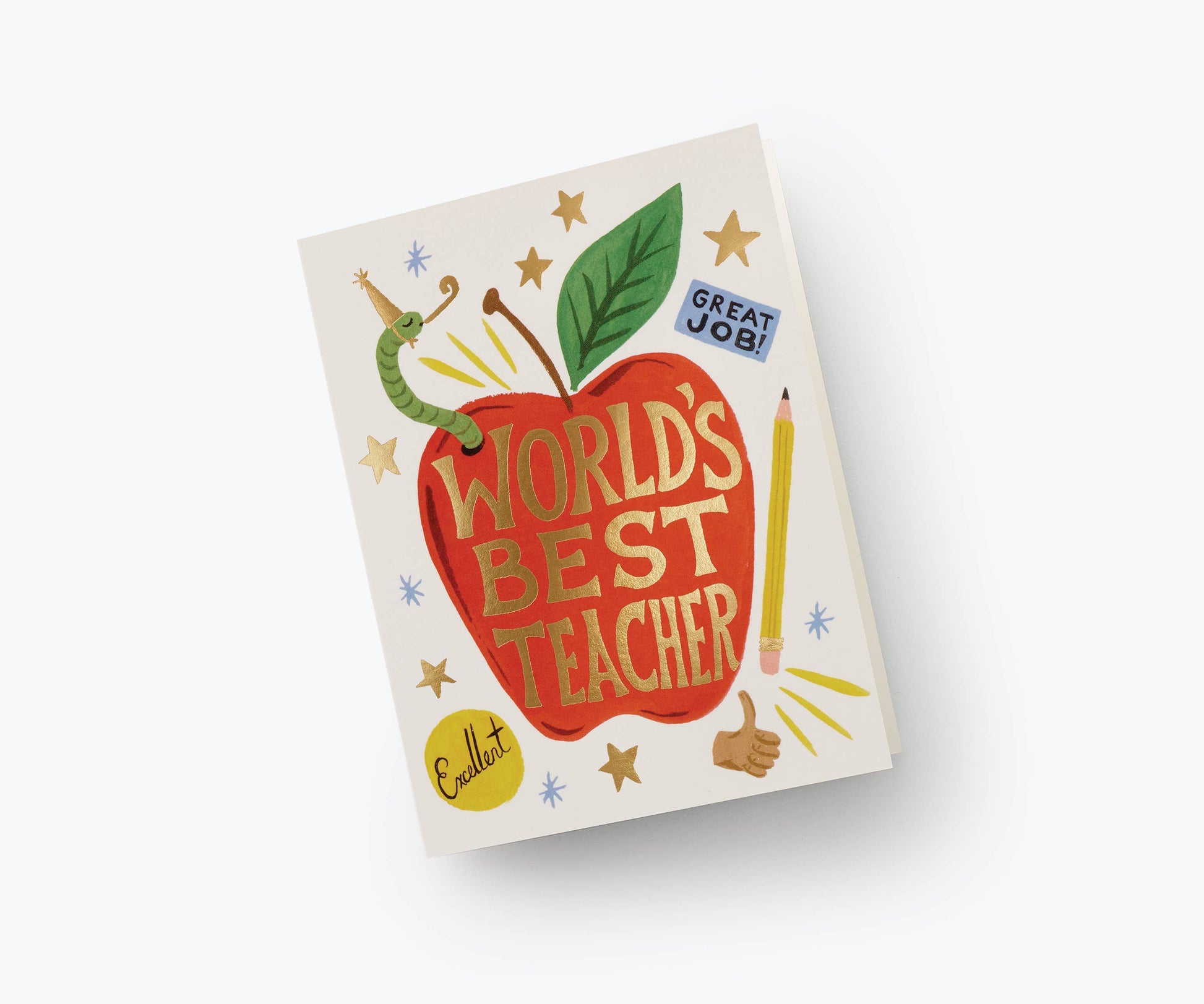 Card with a red apple design and 'World's Best Teacher' text on a white background