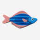 Seabass fish pouch -- blue with darker blue horizontal stripes on body. Top, bottom and tail fins are all light pink 