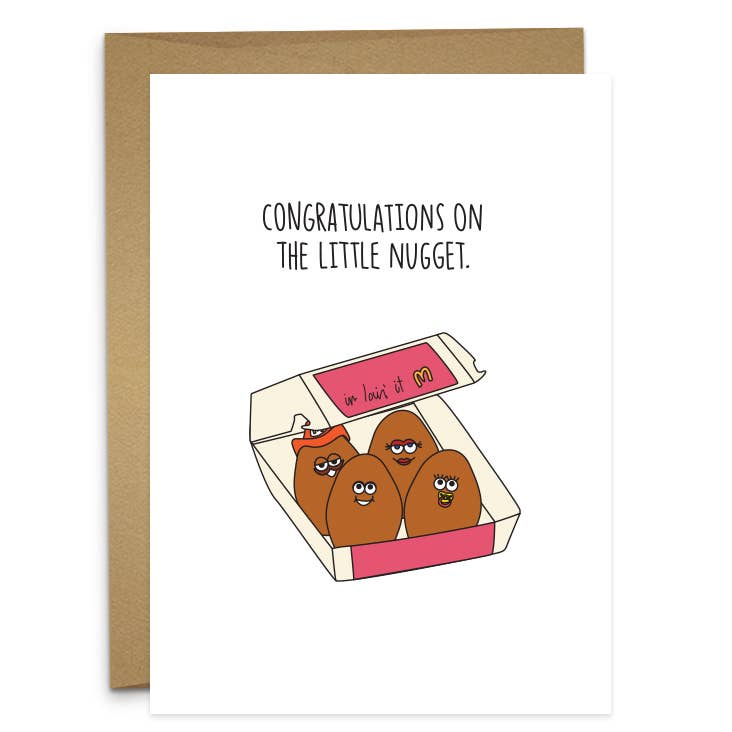 Greeting card that reads "Congratulations on the Little Nugget" and is illustrated with a box of 4 chicken nuggets