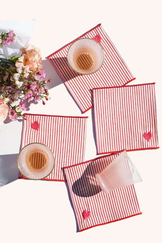 cloth cocktail napkin set of 4 -- red and white stripes with a red heart in the corner and embroidered edges 