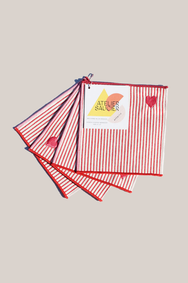 red white striped cocktail napkin set of 4 with an embroidered heart in the corner and trimmed edges  