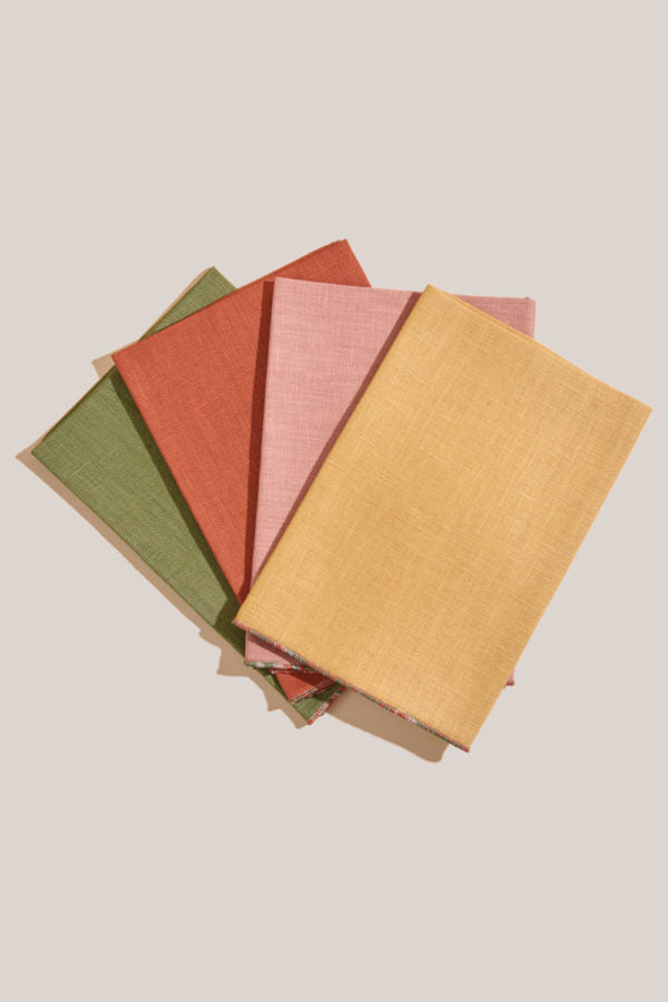4 piece cloth napkin set in sage, terracotta, pink and yellow 